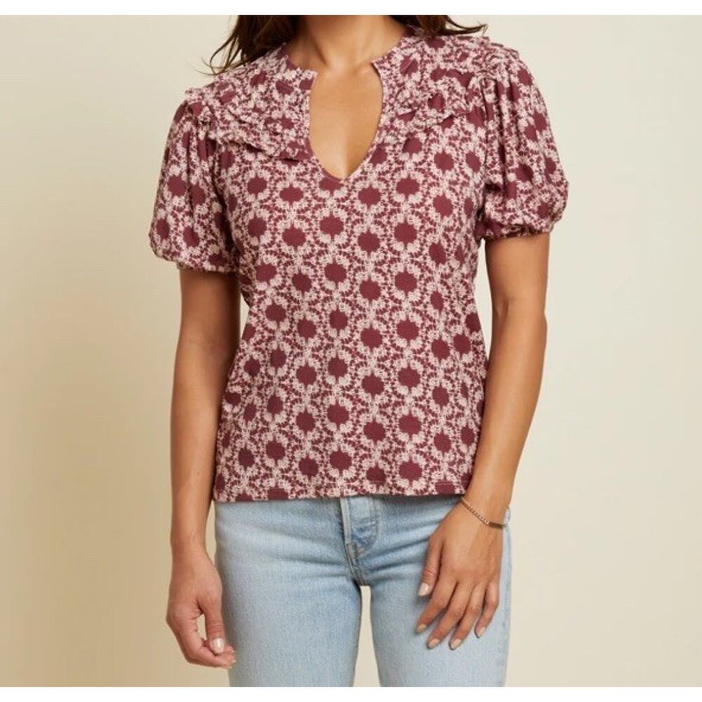 Nation LTD Women's Top Judith Yoked Tee Ikat V-neck Short Sleeve Size Small